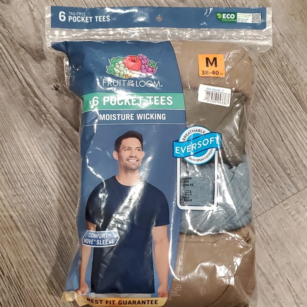 Fruit of the Loom 6 Pack Pockless Tees Size Medium